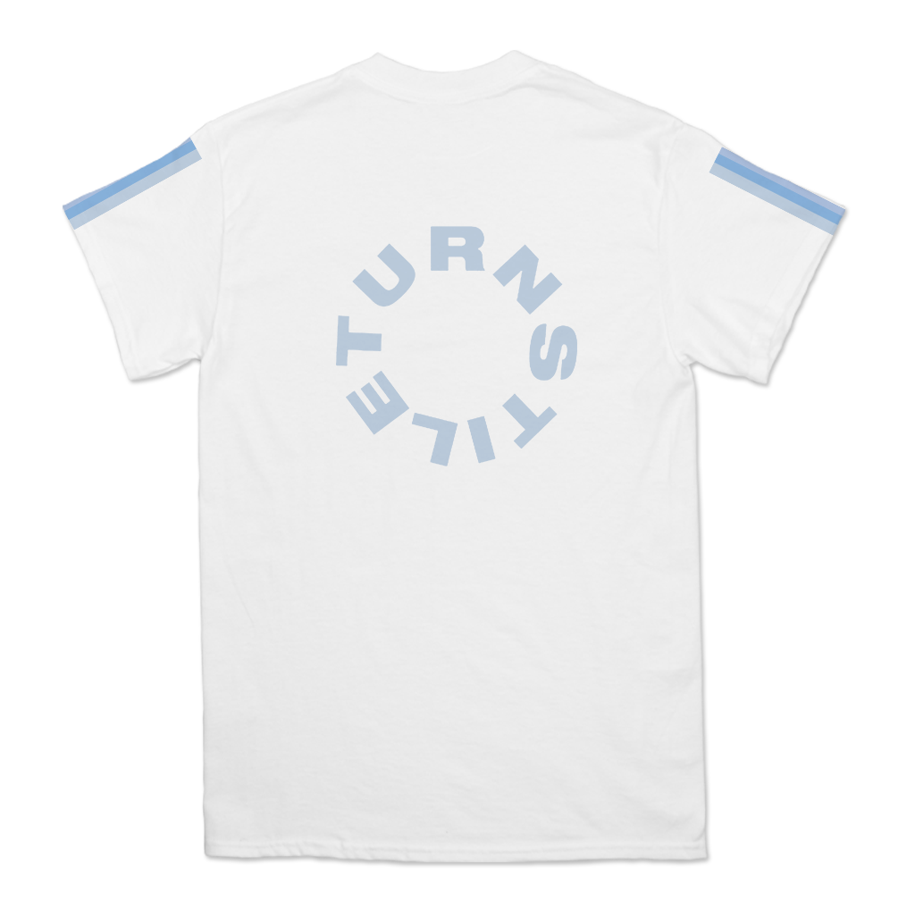 Turnstile's "Never Enough Studio" design, printed on the front, back, and both sleeves of a white tee with a custom woven tag.