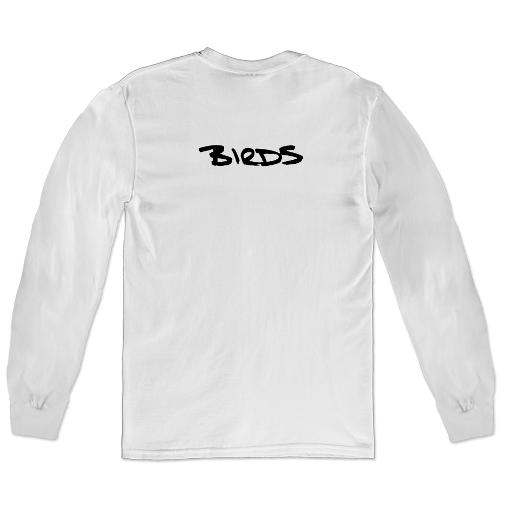 Turnstile's limited "Birds Painting" design, printed on the front and back of a white long sleeve shirt with a custom printed tag.