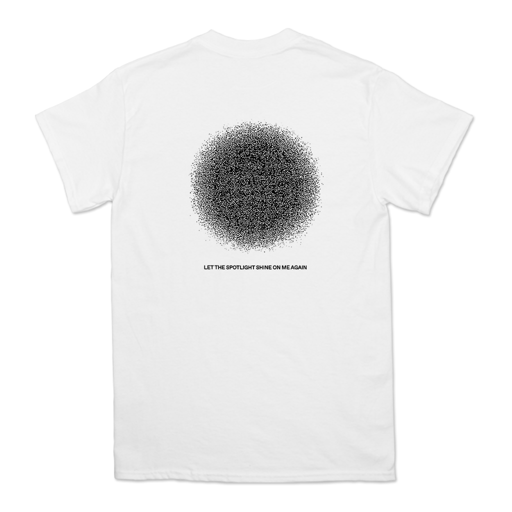 Turnstile's "BLACKOUT" tour design, printed on the front and back of a white Gildan tee shirt.