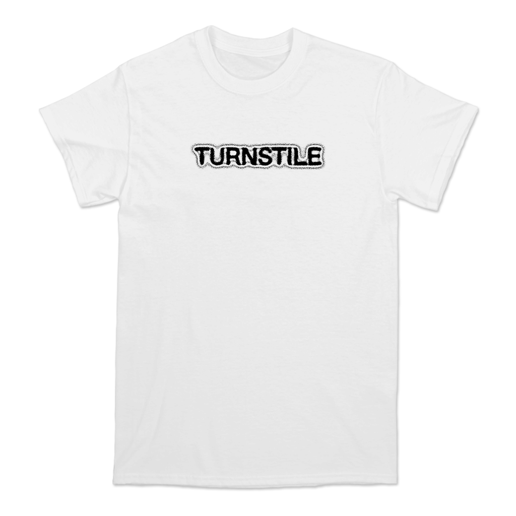 Turnstile's "BLACKOUT" tour design, printed on the front and back of a white Gildan tee shirt.
