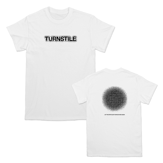 Turnstile's "BLACKOUT" tour design, printed on the front and back of a white Gildan tee shirt.