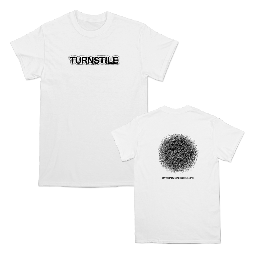 Turnstile's "BLACKOUT" tour design, printed on the front and back of a white Gildan tee shirt.