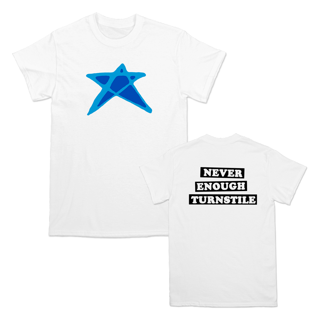 Turnstile's "Blue Star" design, printed on the front and back of a white tee with a custom printed tag.
