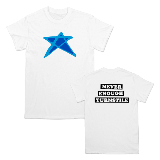 Turnstile's "Blue Star" design, printed on the front and back of a white tee with a custom printed tag.
