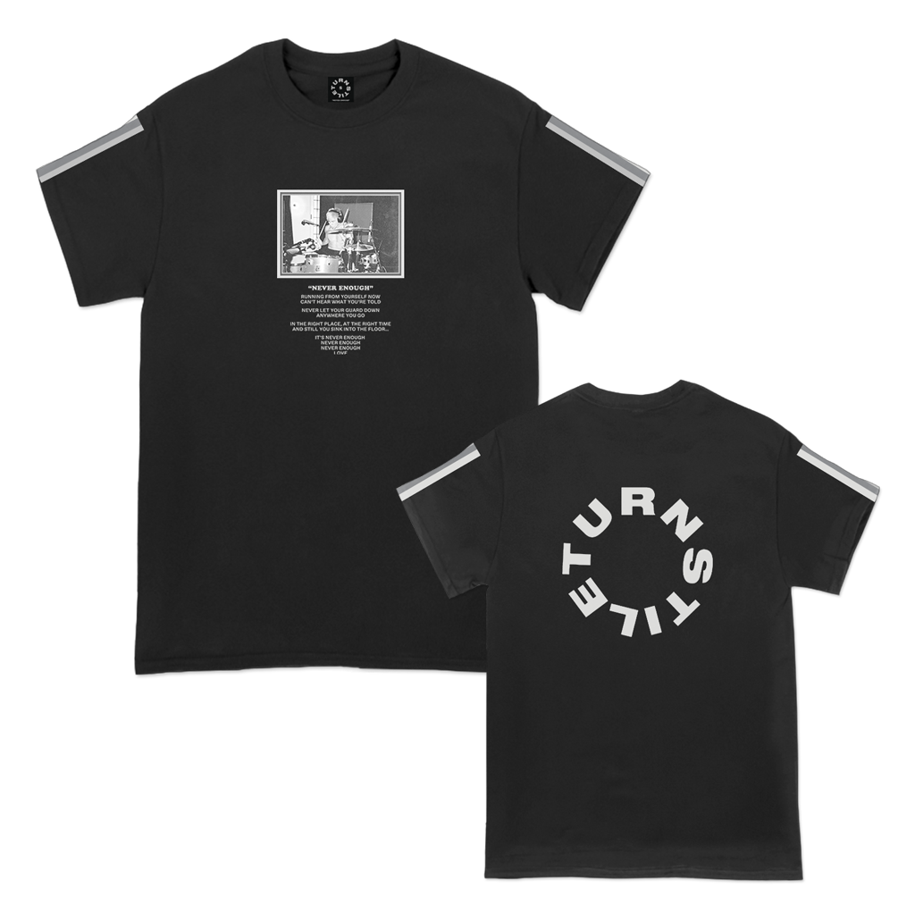 Turnstile's "Dan Never Enough" design, printed on the front, back and both sleeves of a black tee with a custom woven tag.
