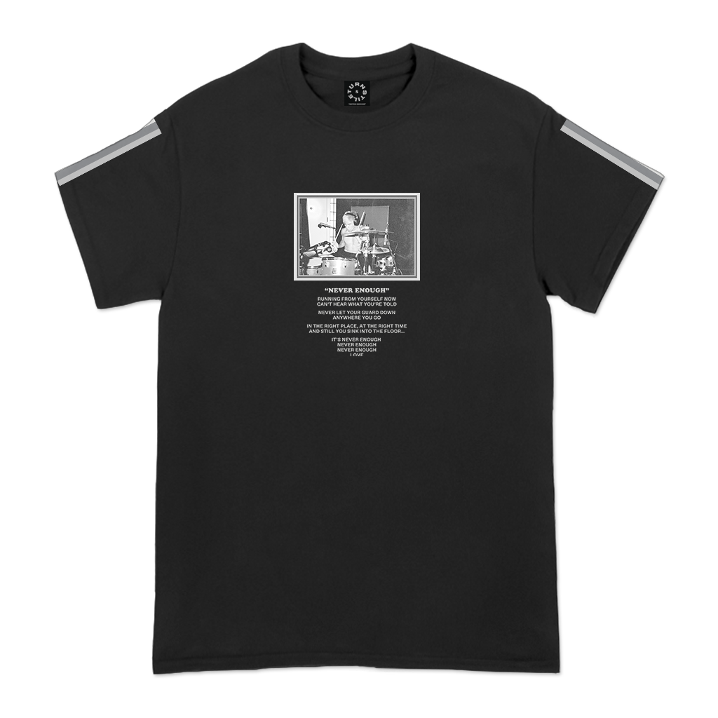 Turnstile's "Dan Never Enough" design, printed on the front, back and both sleeves of a black tee with a custom woven tag.