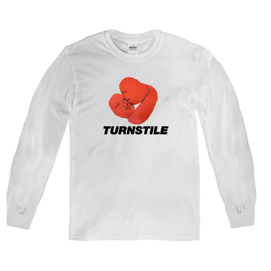 Turnstile's "Embrace" tour design, printed on the front of a white cotton long sleeve shirt. Painting by Emma Kohlmann.