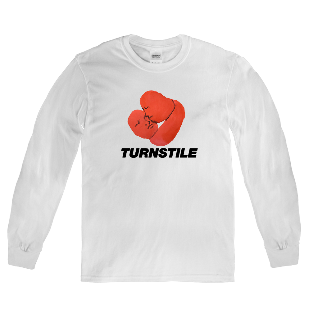 Turnstile's "Embrace" tour design, printed on the front of a white cotton long sleeve shirt. Painting by Emma Kohlmann.