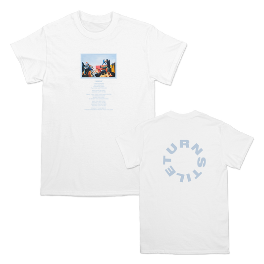 Turnstile's "Live Birds" design, printed on the front and back of a white tee with a custom printed tag.