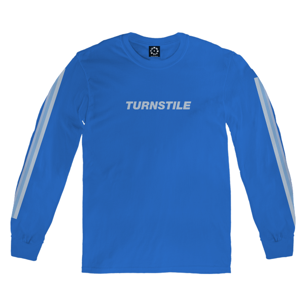 Turnstile's "Never Enough"design, printed on the front, back and both sleeves of a royal long sleeve shirt with a custom woven tag.