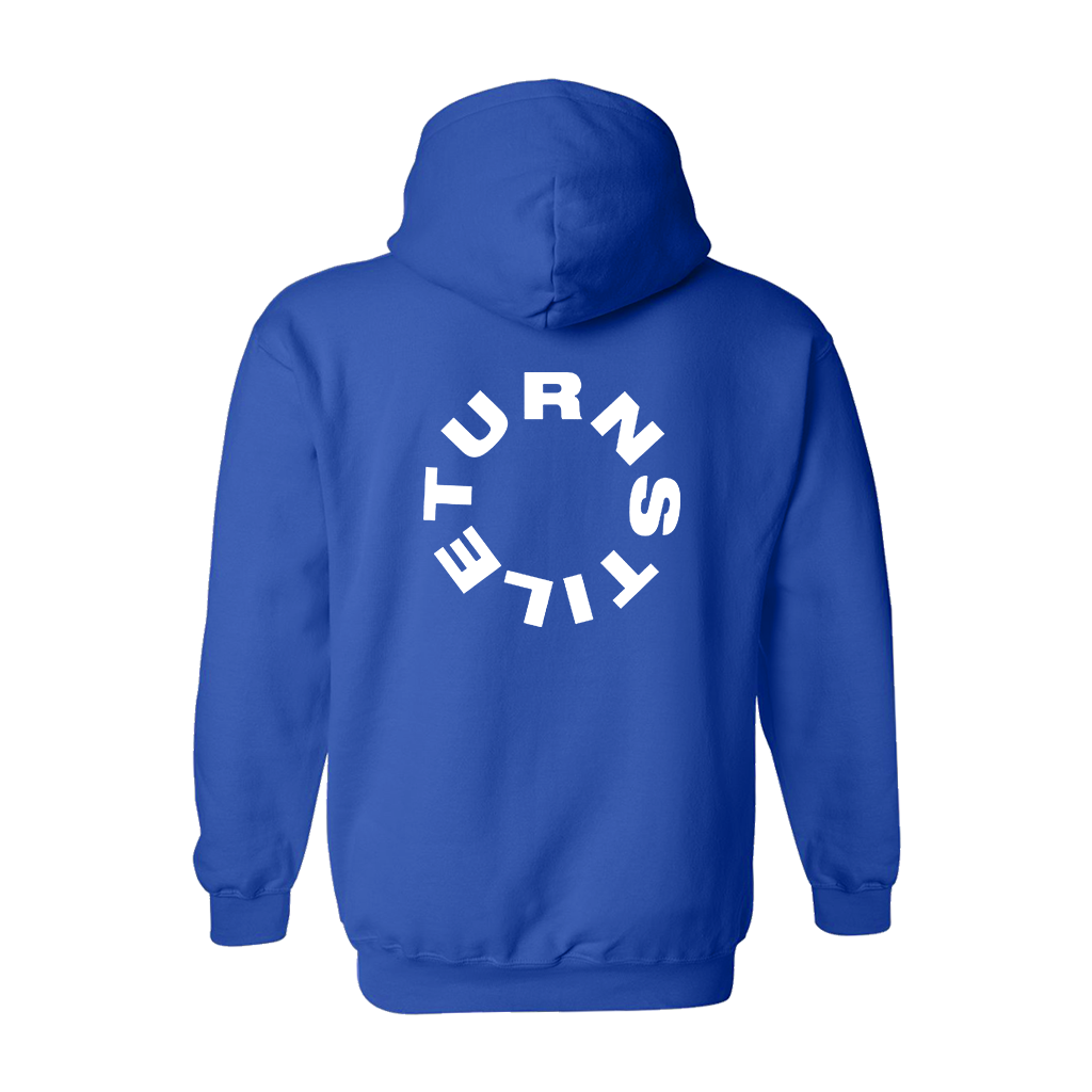 Turnstile's "Never Enough" design, printed on the front and back of a royal hoodie with a custom woven tag.