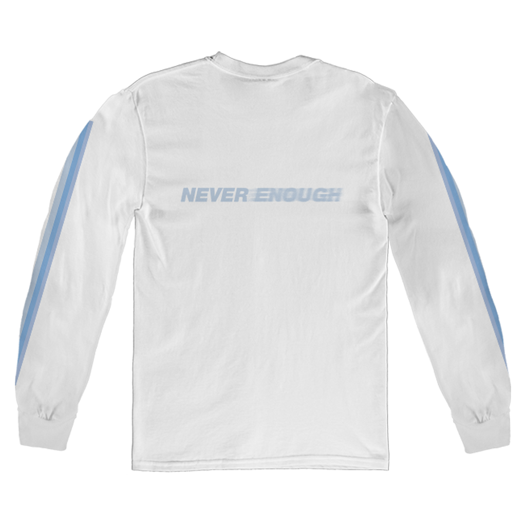 Turnstile's "Never Enough" design, printed on the front, back and both sleeves of a white long sleeve shirt with a custom woven tag.