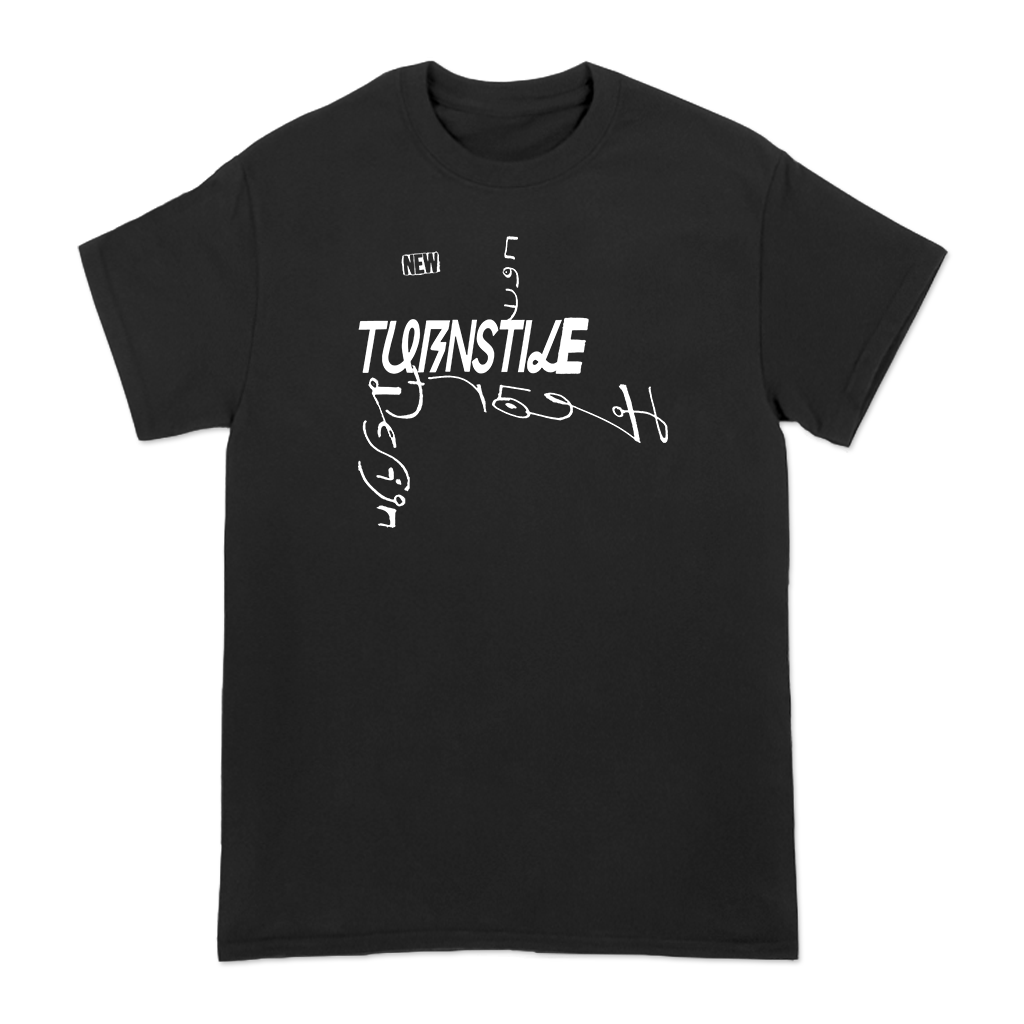 Turnstile's "New Heart" design, printed on the front and back of a black tee.