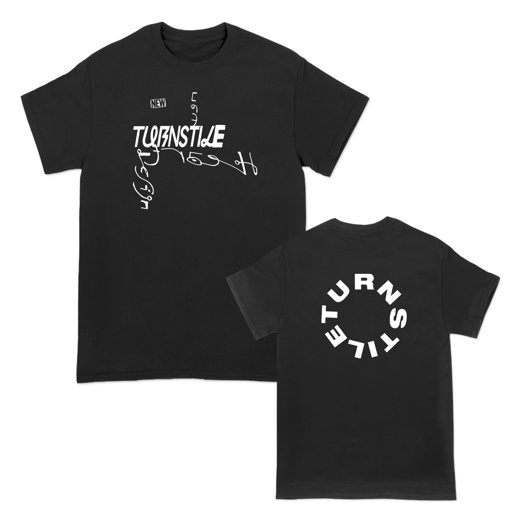 Turnstile's "New Heart" design, printed on the front and back of a black tee.