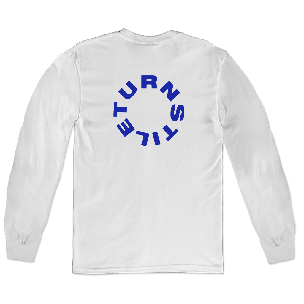 Turnstile's "NEW HEART DESIGN" printed on the front and back of a white longsleeve shirt.