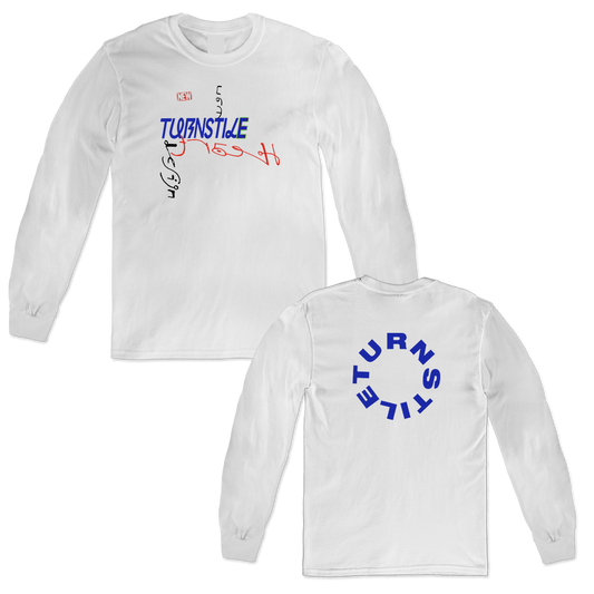 Turnstile's "NEW HEART DESIGN" printed on the front and back of a white longsleeve shirt.