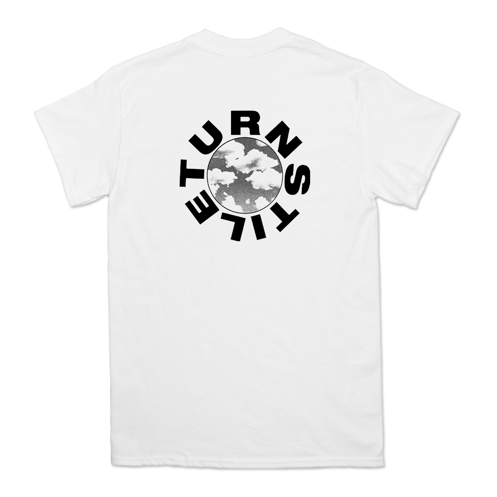 Turnstile's "Glow On" design, printed on the front and back of a white tee.