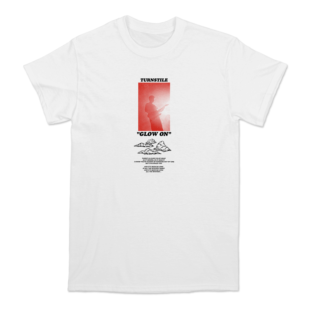 Turnstile's "Glow On" design, printed on the front and back of a white tee.