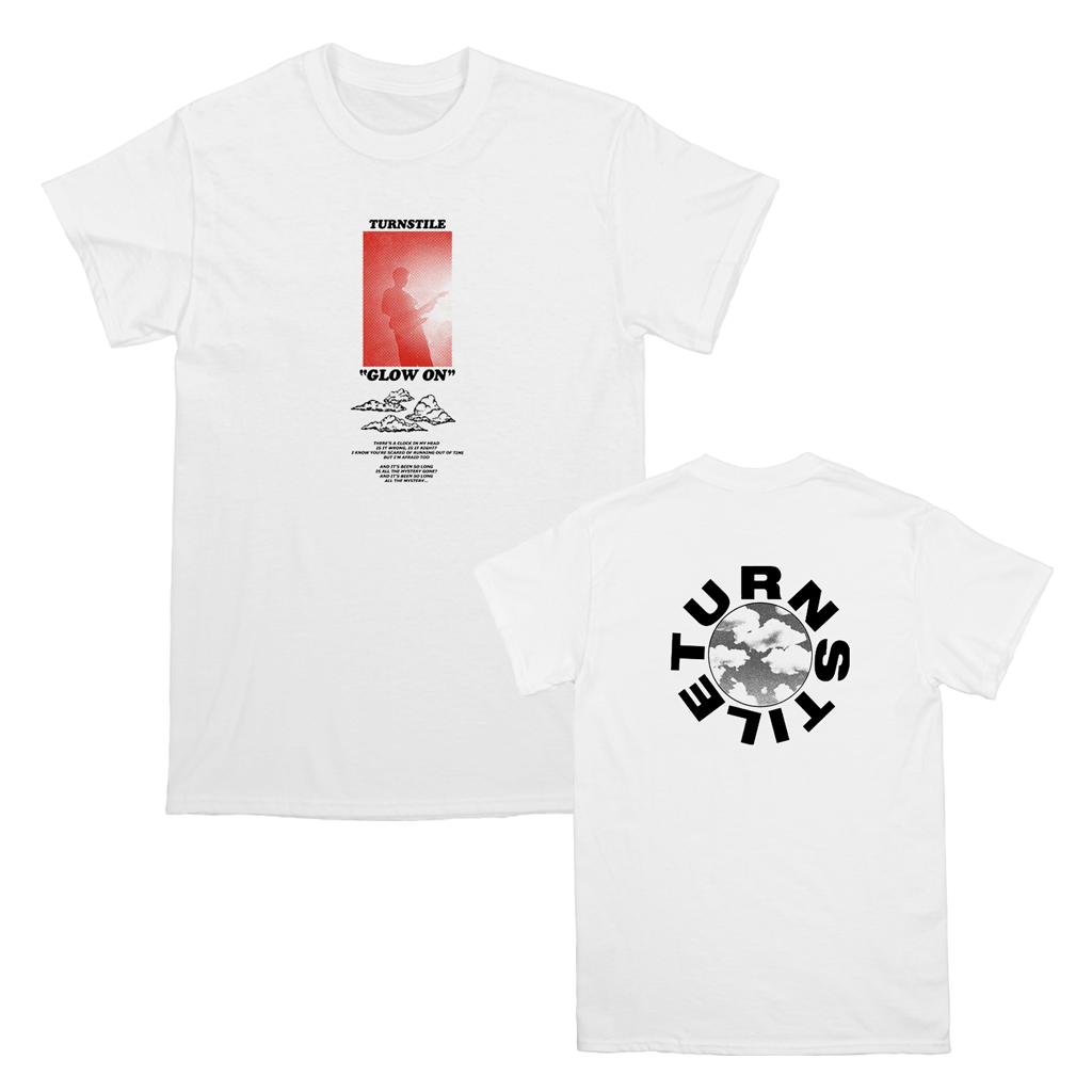 Turnstile's "Glow On" design, printed on the front and back of a white tee.