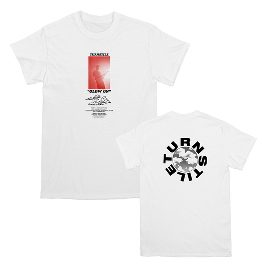 Turnstile's "Glow On" design, printed on the front and back of a white tee.