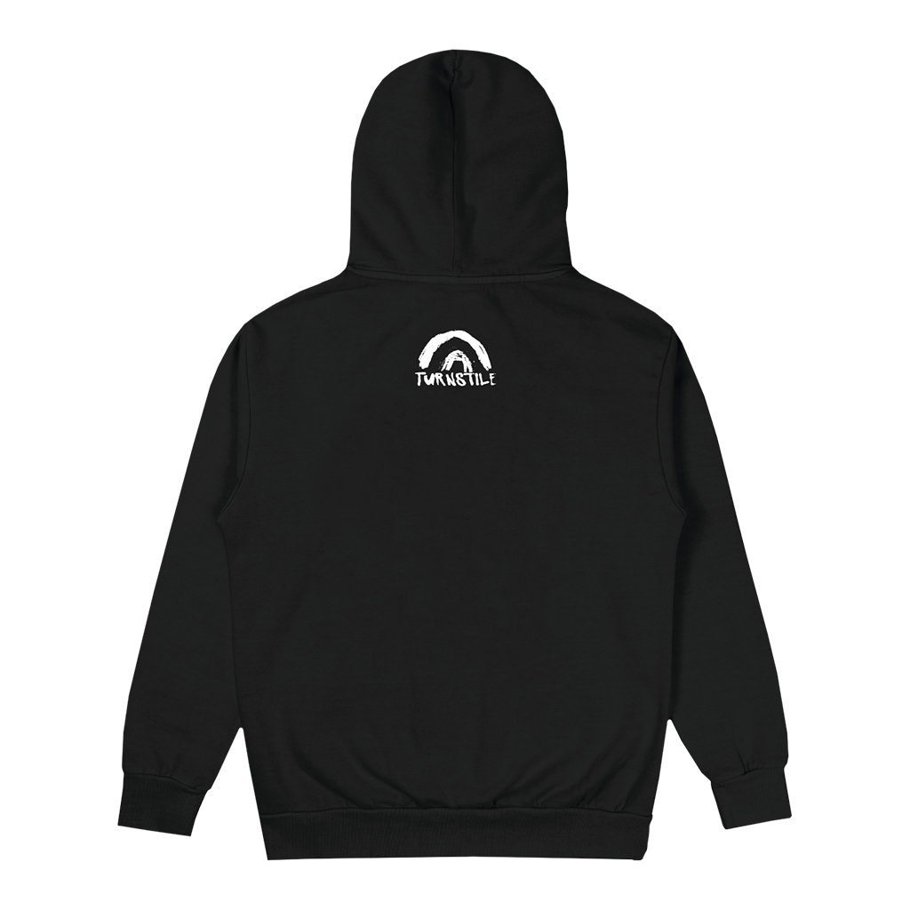 Turnstile's "Rainbow" design, printed on the front and back of a black zip up with a custom woven tag.