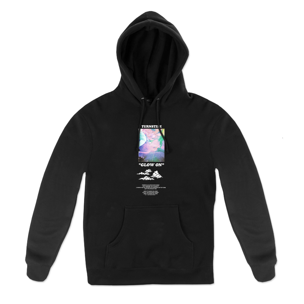 Turnstile's "Glow On" design, printed on the front and back of a black hoodie.