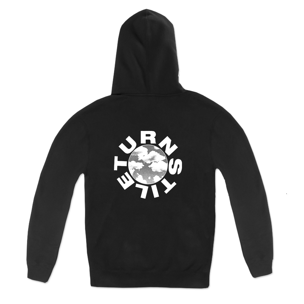Turnstile's "Glow On" design, printed on the front and back of a black hoodie.