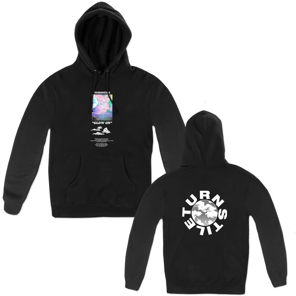 Turnstile's "Glow On" design, printed on the front and back of a black hoodie.