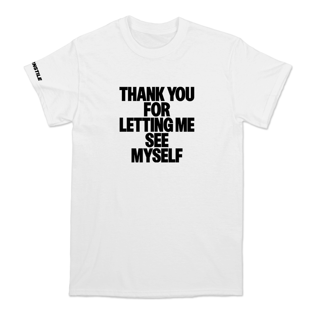 Turnstile's "THANK YOU" tour design, printed on the front, back, and right sleeve of a white cotton tee shirt.