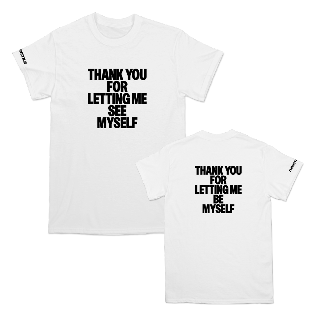 Turnstile's "THANK YOU" tour design, printed on the front, back, and right sleeve of a white cotton tee shirt.
