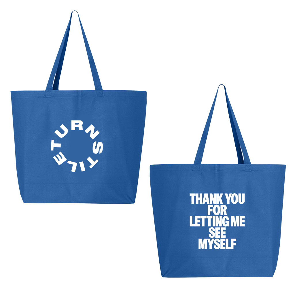 Turnstile's iconic "Thank You" design, printed on both sides of a royal blue tote bag.