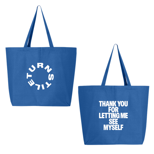 Turnstile's iconic "Thank You" design, printed on both sides of a royal blue tote bag.