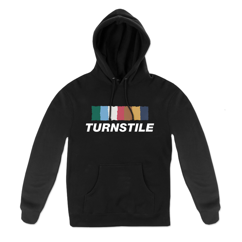 Turnstile's "Color Wall" design, printed on the front and back of a black hoodie with a custom printed tag.