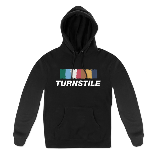 Turnstile's "Color Wall" design, printed on the front and back of a black hoodie with a custom printed tag.