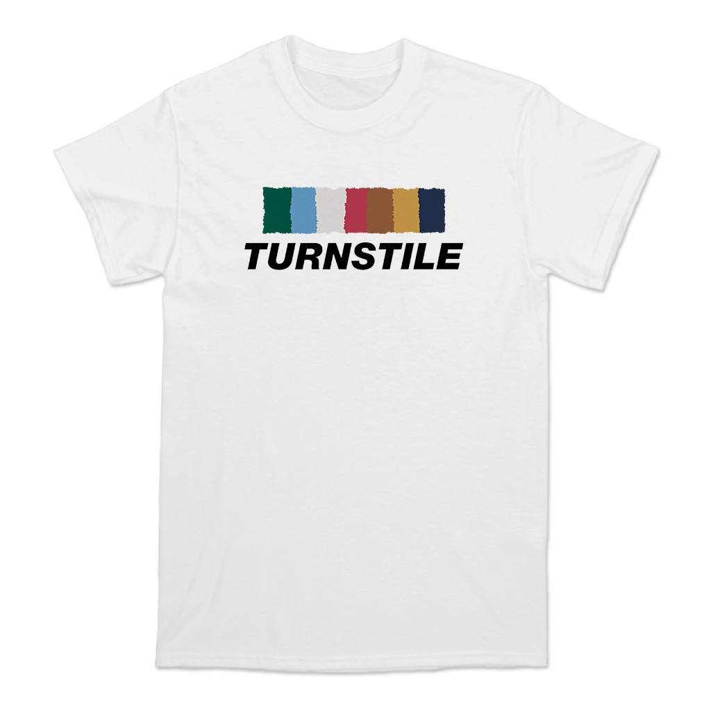 Turnstile's"Color Wall" design, printed on the front of a white tee with a custom printed tag.