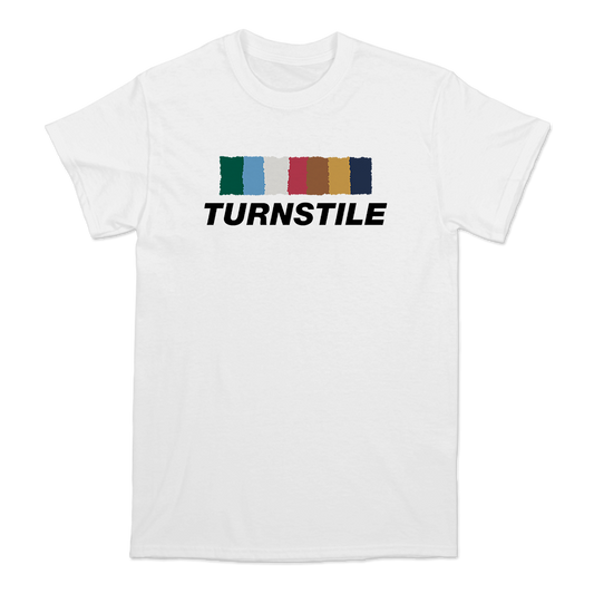 Turnstile's"Color Wall" design, printed on the front of a white tee with a custom printed tag.