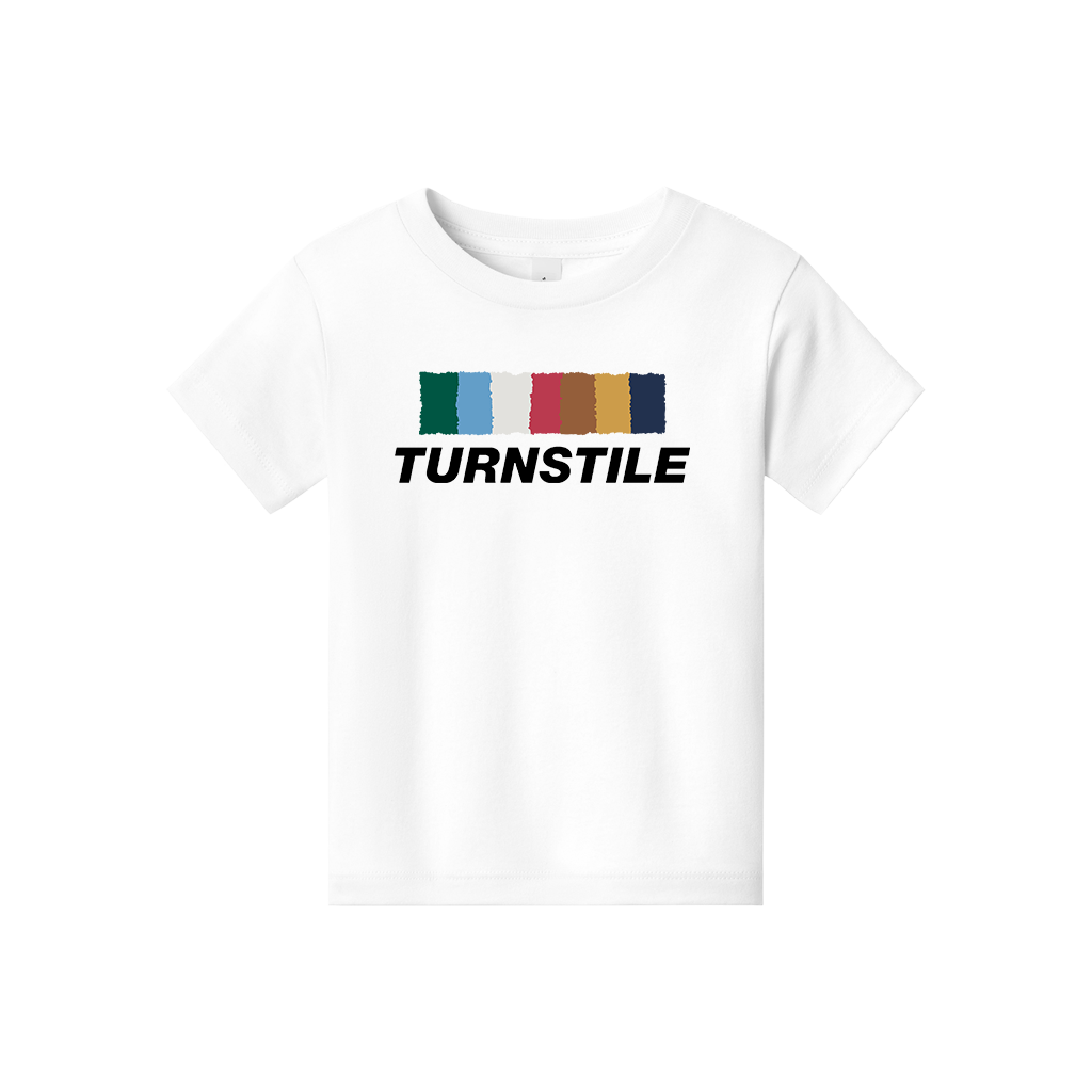 Turnstile's "Color Wall" design, printed on the front a youth white tee with a custom printed tag.