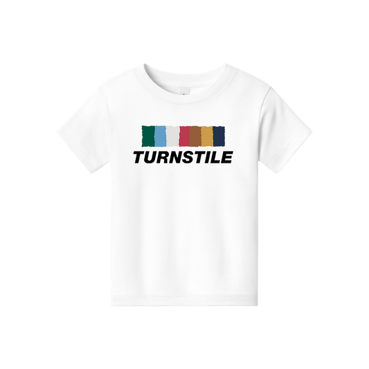 Turnstile's "Color Wall" design, printed on the front a youth white tee with a custom printed tag.