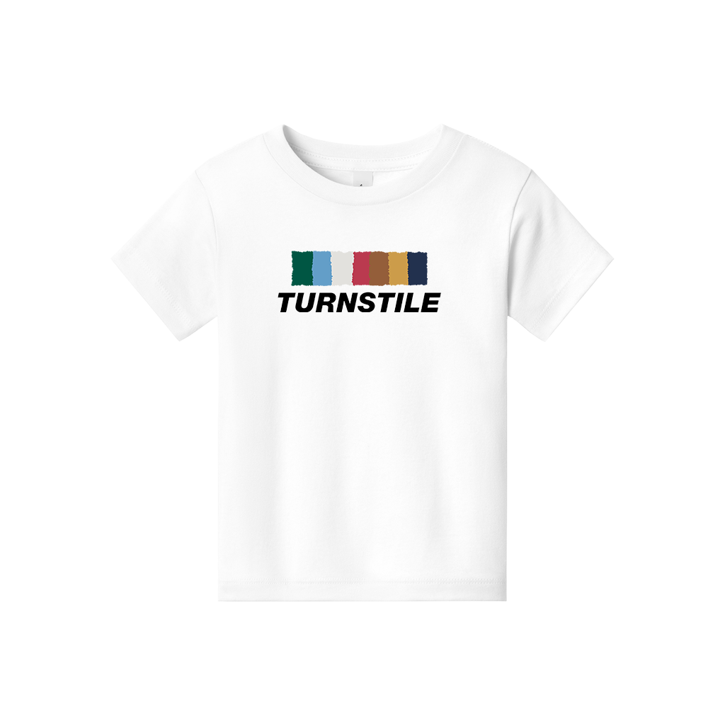 Turnstile's "Color Wall" design, printed on the front a youth white tee with a custom printed tag.
