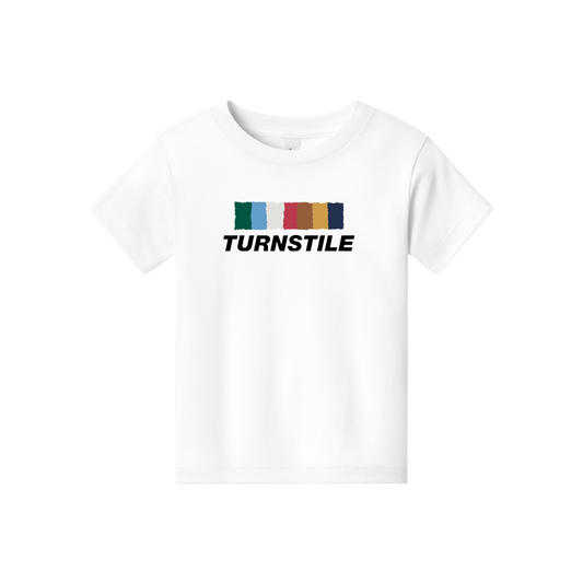 Turnstile's "Color Wall" design, printed on the front a youth white tee with a custom printed tag.