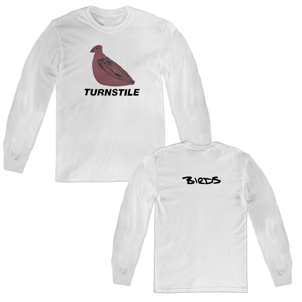 Turnstile's "Birds Painting" design, printed on the front and back of a white long sleeve shirt with a custom printed tag.