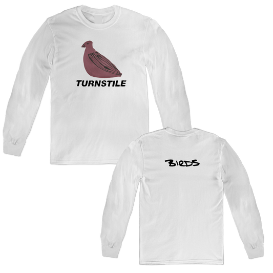 Turnstile's "Birds Painting" design, printed on the front and back of a white long sleeve shirt with a custom printed tag.