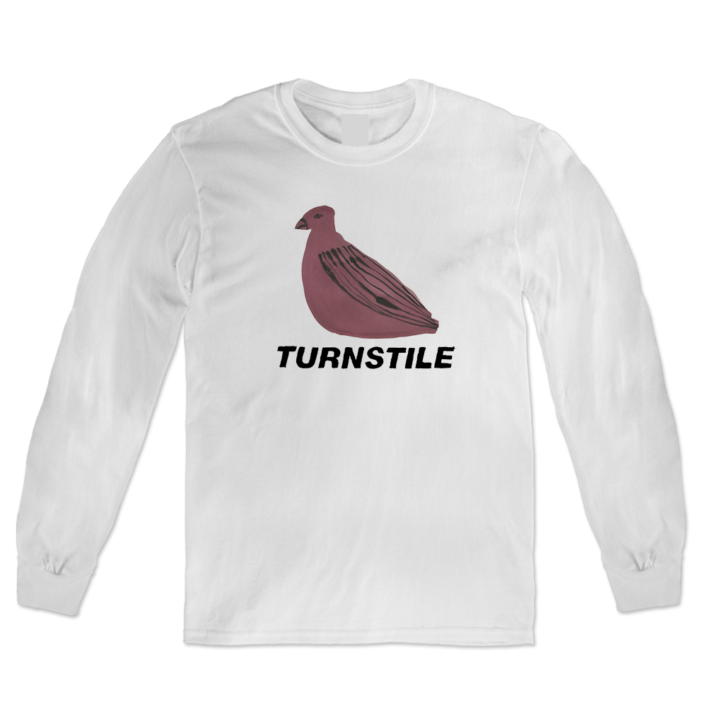 Turnstile's limited "Birds Painting" design, printed on the front and back of a white long sleeve shirt with a custom printed tag.