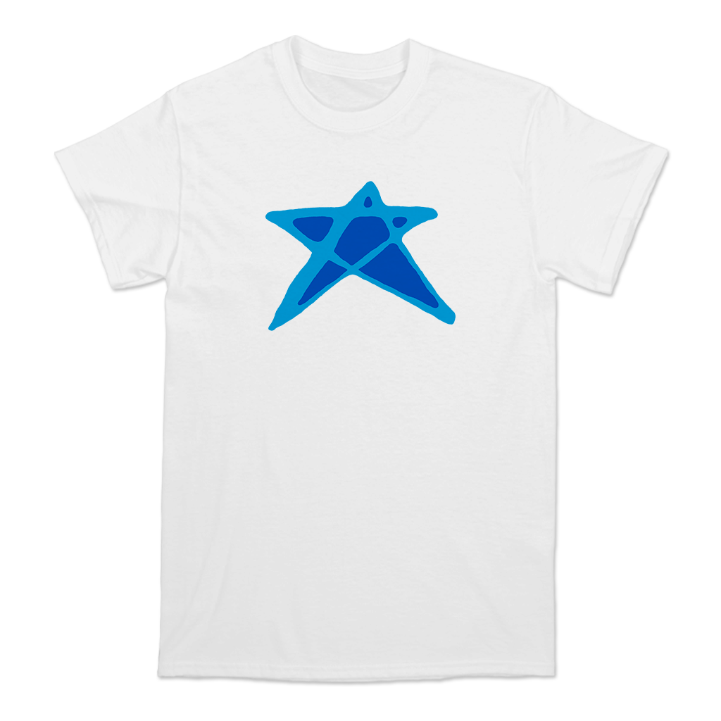 Turnstile's "Blue Star" design, printed on the front and back of a white tee with a custom printed tag.