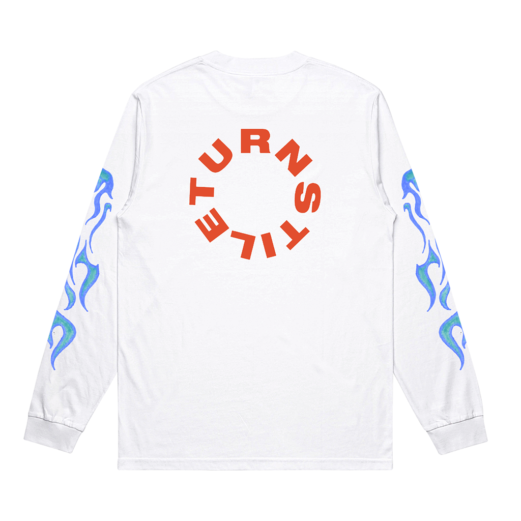 Turnstile's "Flames" design, printed on the front, back and both sleeves of a white long sleeve shirt with a custom woven tag.