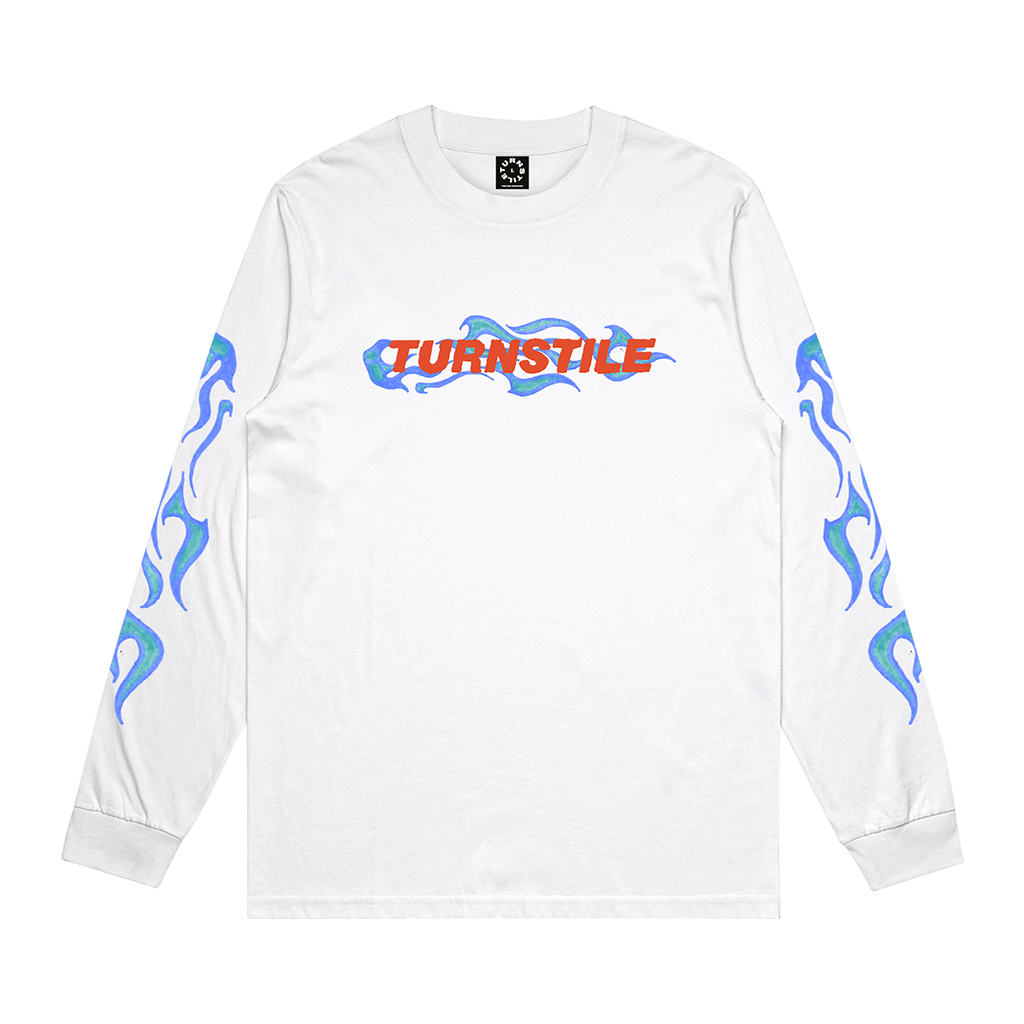 Turnstile's "Flames" design, printed on the front, back and both sleeves of a white long sleeve shirt with a custom woven tag.