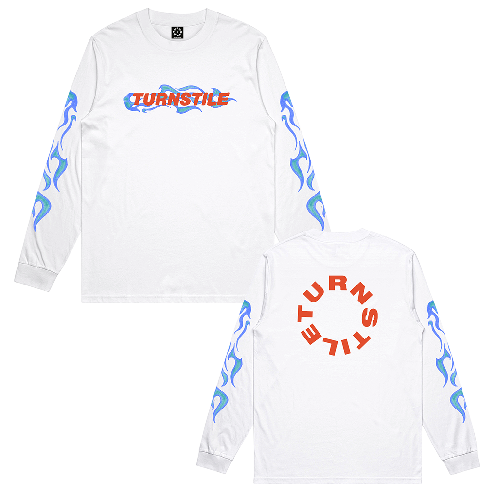 Turnstile's "Flames" design, printed on the front, back and both sleeves of a white long sleeve shirt with a custom woven tag.