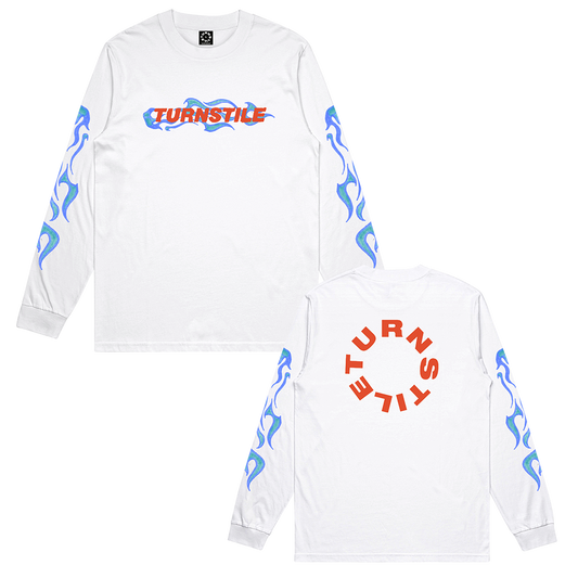 Turnstile's "Flames" design, printed on the front, back and both sleeves of a white long sleeve shirt with a custom woven tag.