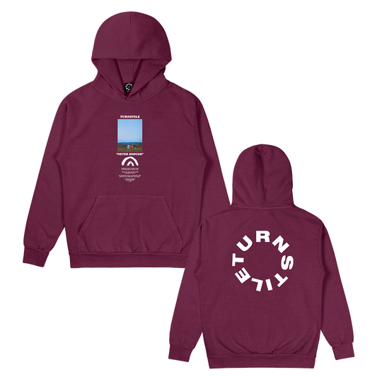 Turnstile's "Never Enough Stage" design, printed on the front and back of a maroon hoodie with a custom woven tag.