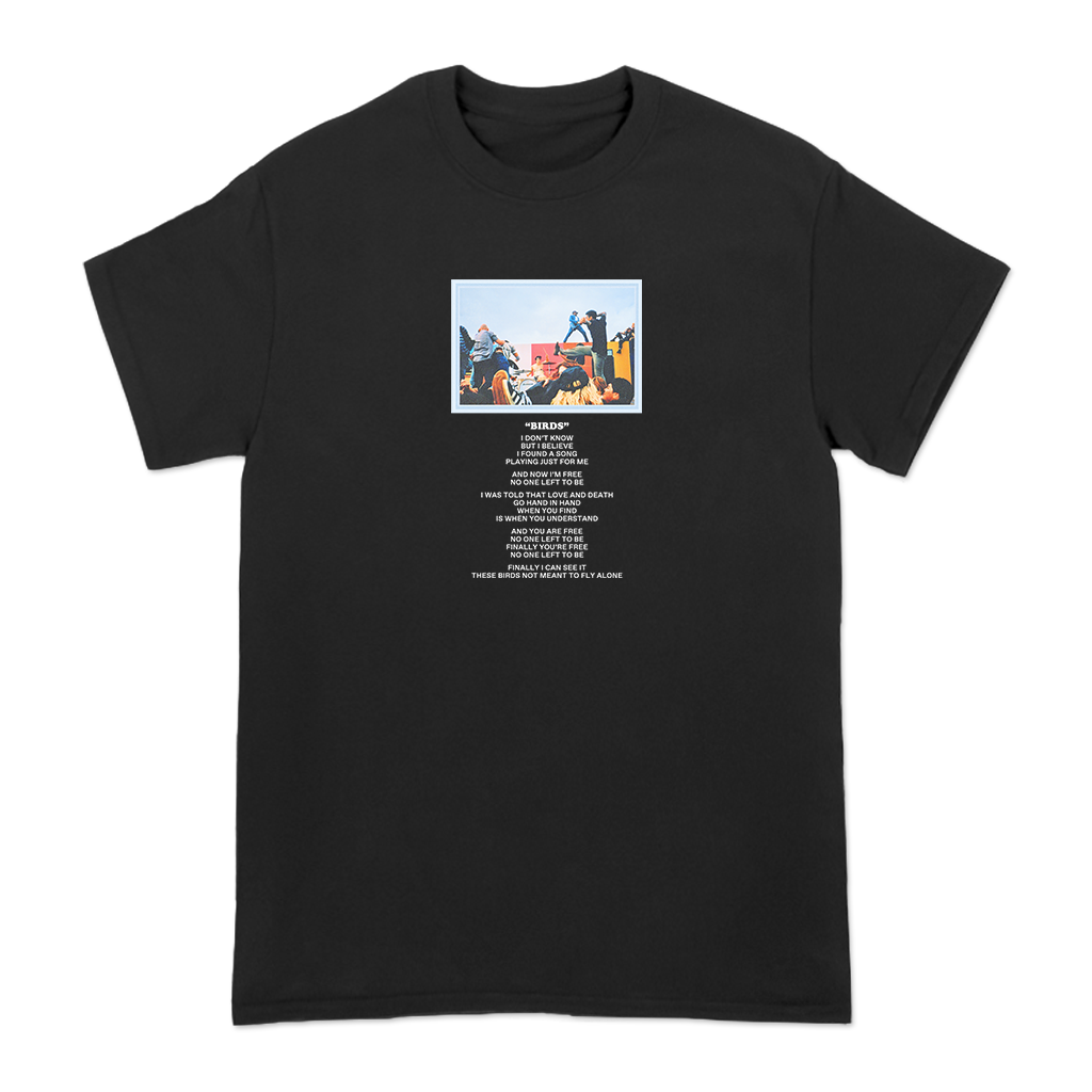 Turnstile's limited "Live Birds" design, printed on the front and back of a black tee with a custom printed tag.